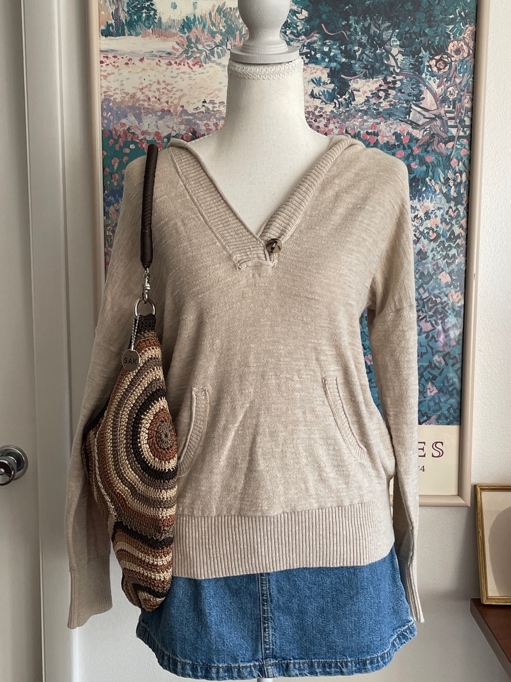 Tommy Hilfiger Sweater Womens Medium Beige Knit Hoodie Cotton Coastal Granola